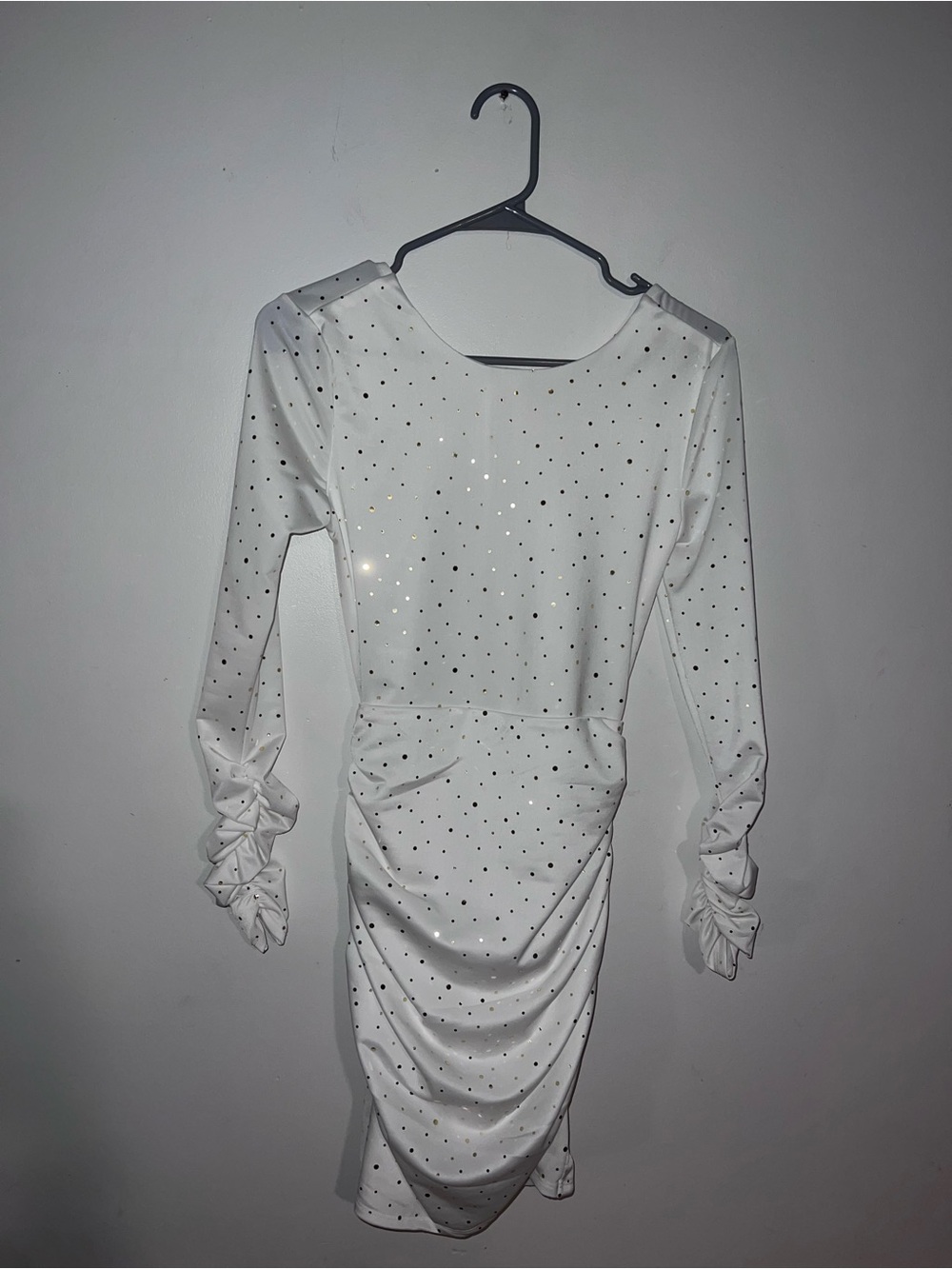 Lucy in the Sky White Long-Sleeve Ruched Dress with Gold Sparkle Dots